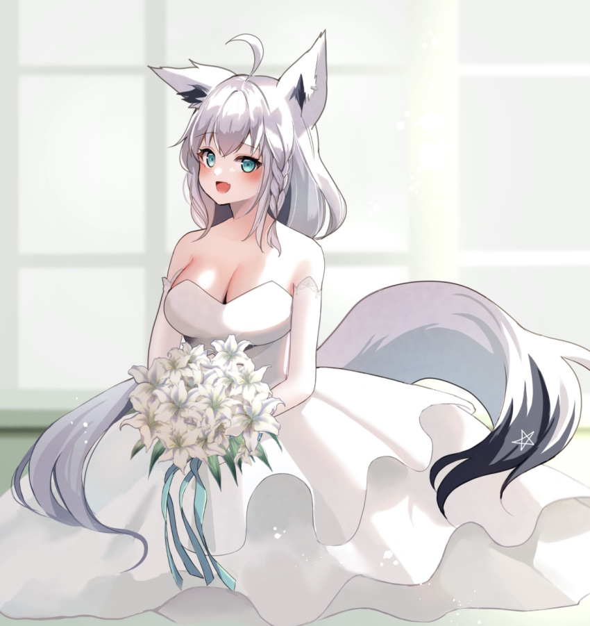 1girl ahoge alternate_costume animal_ear_fluff animal_ears aqua_eyes bare_shoulders blush bouquet braid breasts cleavage dress flower fox_ears fox_girl fox_tail highres holding holding_bouquet hololive large_breasts long_hair open_mouth ribbon shirakami_fubuki side_braid smile solo tail tako_8_yaki virtual_youtuber wedding_dress white_dress white_flower white_hair white_lily