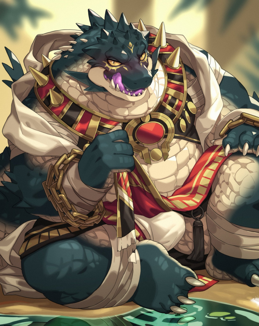 accessory anthro belly bottomwear bulge clothed clothing clothing_lift crocodilian hi_res loincloth looking_at_viewer male nails ornament overweight overweight_male reptile scales scalie sebek sitting solo spikes teeth tongue two-toned_body underwear yed