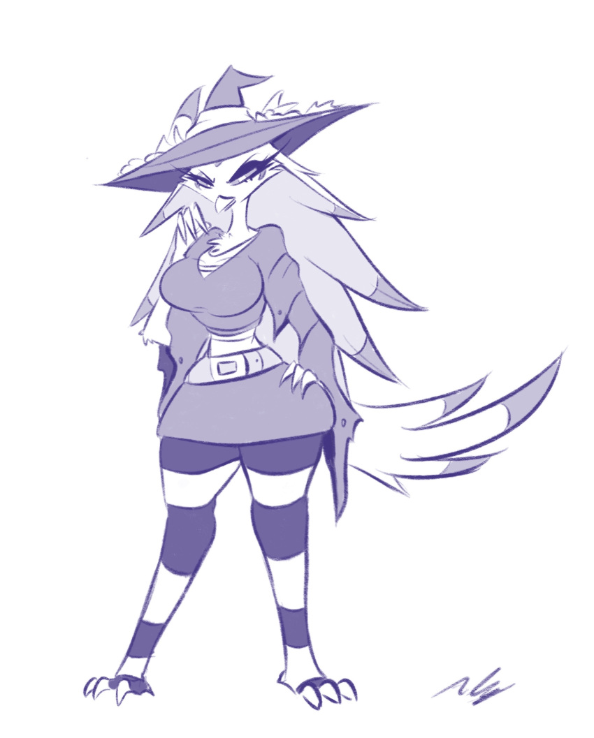 absurd_res adam_clowery anthro avian big_breasts bird breasts clothing female hat headgear headwear helluva_boss hi_res monochrome owl owl_demon simple_background solo stella_(helluva_boss) thick_thighs white_background witch_costume witch_hat