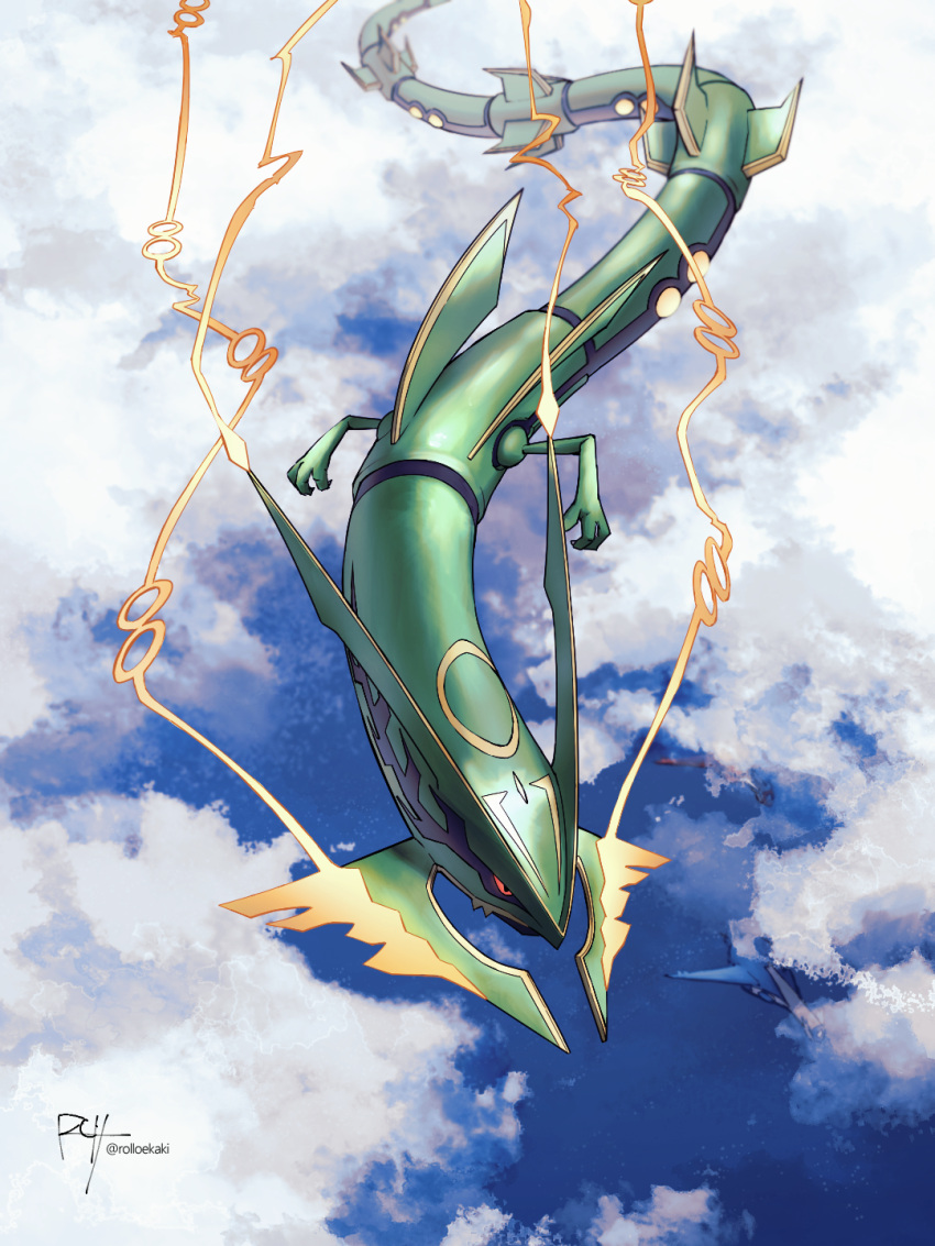 above_clouds black_sclera claws cloud colored_sclera commentary_request dragon eastern_dragon flying highres horns mega_pokemon mega_rayquaza no_humans outdoors pokemon pokemon_(creature) rayquaza red_eyes rolloekaki signature solo watermark