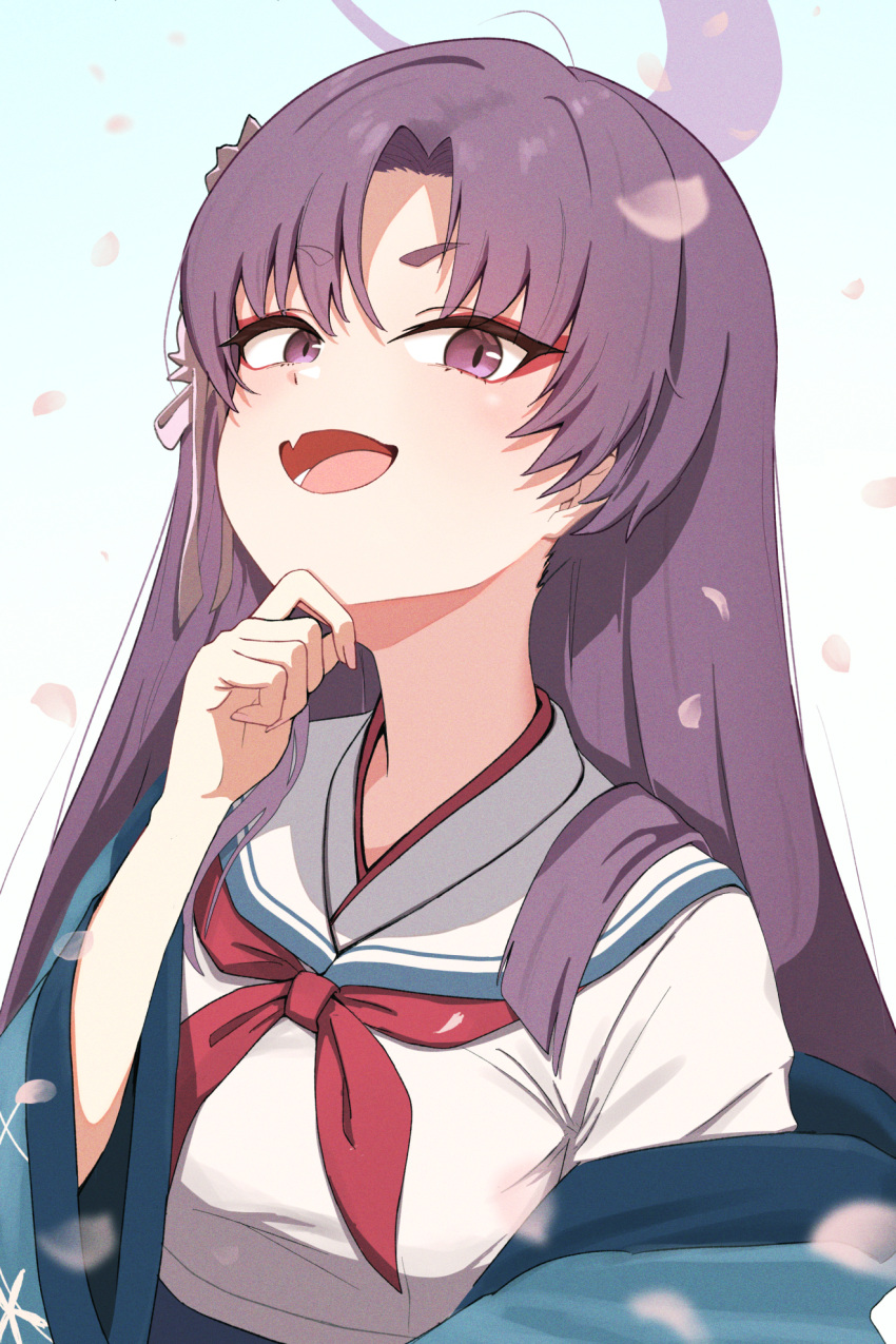 1girl blue_archive breasts eyeshadow fang halo haori highres japanese_clothes large_breasts long_hair looking_at_viewer makeup neckerchief open_mouth petals purple_eyes purple_hair purple_halo red_eyeshadow red_neckerchief sailor_collar school_uniform serafuku short_eyebrows skin_fang smile solo udon_f upper_body white_sailor_collar yukari_(blue_archive)