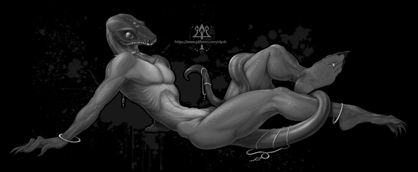 anthro barefoot black_background bracelet claws feet grey_body grey_skin hi_res jewelry kredri male nude paws reptile ring scalie simple_background snake soles solo tail toe_claws toes