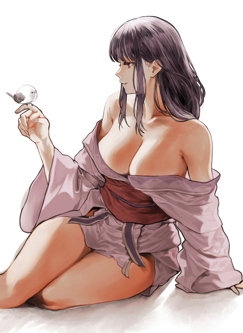 1girl absurdres bare_shoulders bird bird_on_hand breasts chroong cleavage genshin_impact highres japanese_clothes kimono large_breasts long_hair long_sleeves obi off_shoulder profile purple_eyes purple_hair purple_kimono raiden_shogun sash sidelocks simple_background sitting solo white_background wide_sleeves