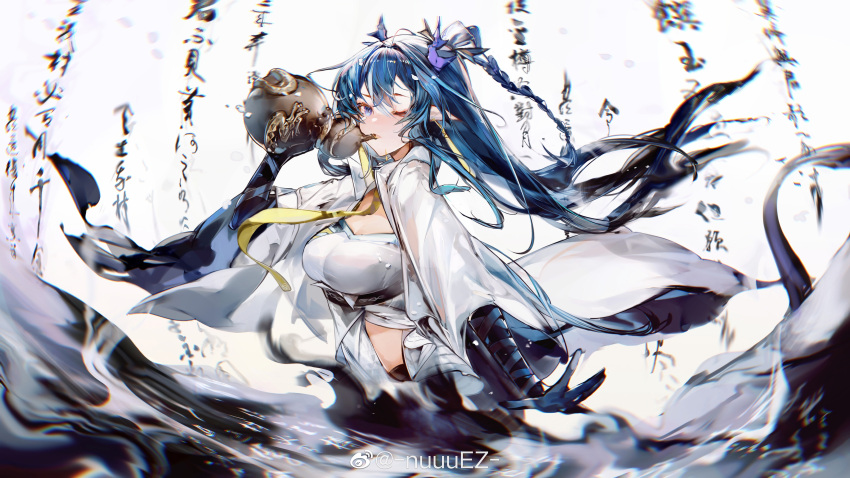 1girl absurdres arknights blue_eyes blue_hair blush braid chinese_text coat drinking drunk earrings elbow_gloves floating_hair gloves gourd highres holding horns jewelry ling_(arknights) long_hair long_sleeves looking_at_viewer navel necktie nuez one_eye_closed open_clothes open_coat pointy_ears shorts solo tail tassel tassel_earrings very_long_hair white_coat wide_sleeves yellow_necktie