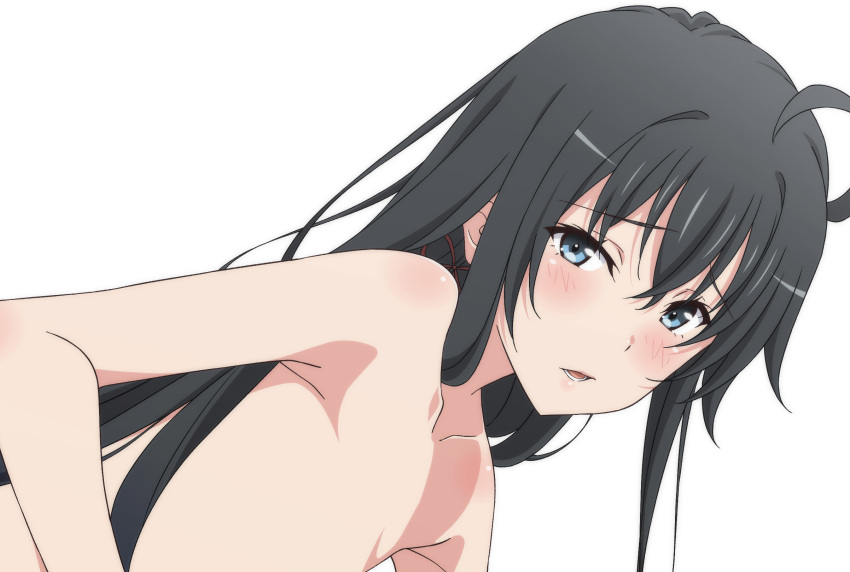 1girl ahoge black_hair blue_eyes blush collarbone commentary_request completely_nude hair_ribbon highres long_hair looking_at_viewer lower_teeth_only nude ribbon shou937 sidelocks simple_background solo teeth white_background yahari_ore_no_seishun_lovecome_wa_machigatteiru. yukinoshita_yukino