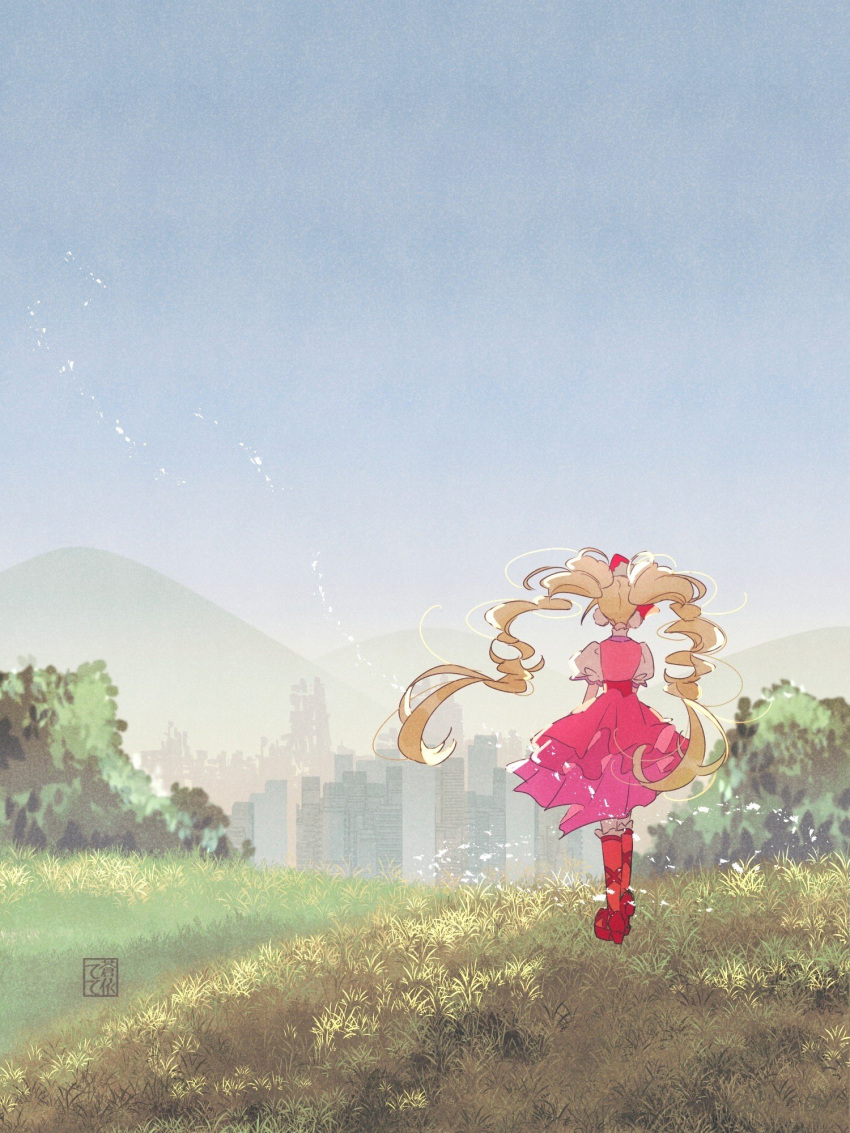 1girl aisaki_emiru artist_logo blonde_hair blue_sky boots cityscape clear_sky cure_macherie day dress drill_hair earrings facing_away from_behind grass highres hugtto!_precure jewelry knee_boots layered_dress long_hair magical_girl medium_dress outdoors pink_dress pom_pom_(clothes) pom_pom_earrings precure puffy_short_sleeves puffy_sleeves red_footwear short_sleeves sky solo standing tete_a twin_drills twintails wind