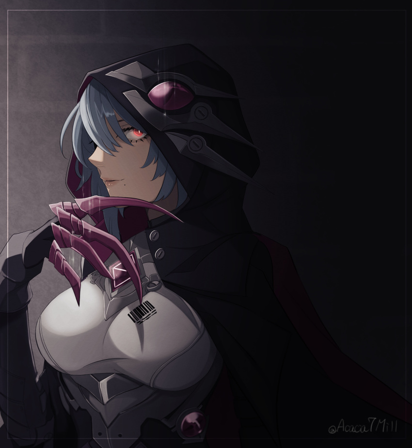1girl absurdres black_bodysuit black_cape black_hair bodysuit breasts cape claw_(weapon) closed_mouth glowing glowing_eye highres honkai_(series) honkai_impact_3rd looking_at_viewer mole mole_under_mouth purple_eyes raven_(honkai_impact) short_hair smile solo upper_body weapon zunda_kaku