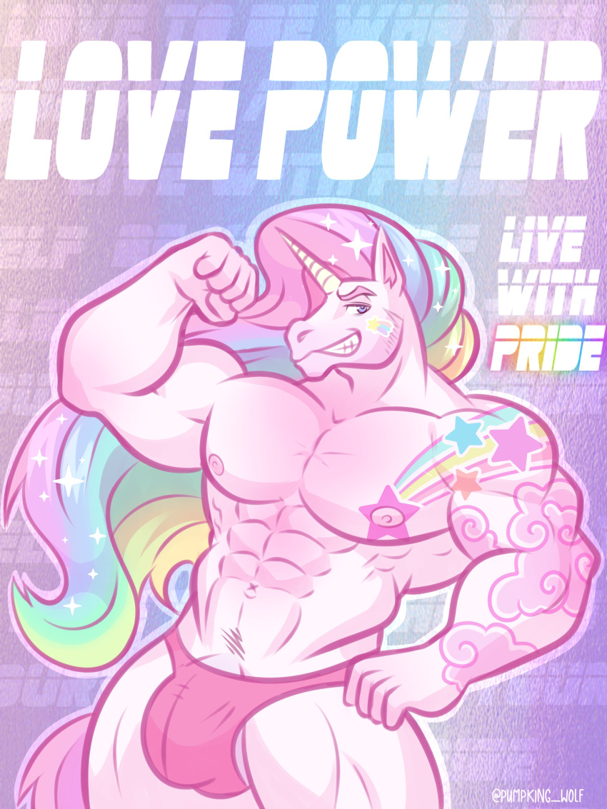 absurd_res arm_tattoo clothing equid equine hair hi_res himbo horn humanoid lgbt_pride male male/male mammal multicolored_hair muscular pride_color_background pride_color_clothing pride_colors pumpking_wolf rainbow_hair simple_background solo speedo star swimwear tattoo unicorn