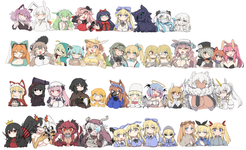 :d ;d absurdres animal_ears animal_hands animal_hood axe bandages bandersnatch_(black_souls) bead_necklace beads bill_(black_souls) black_bow black_bowtie black_eyes black_hair black_hairband black_headwear black_ribbon black_souls blackwell_(black_souls) blonde_hair blue_bow blue_eyes blue_hair bonnet bow bowtie breasts bright_pupils brown_hair budget_sarashi cat_ears cat_girl cheeky_oyster_(black_souls) cheshire_cat_(black_souls) chick_(black_souls) cleavage cleavage_cutout clock clothing_cutout colored_eyelashes cow_ears cow_horns crown dark-skinned_female dark_skin detached_collar dodo_(black_souls) dormouse_(black_souls) dragon_horns edith_(black_souls) everyone eyepatch fairy fairy_wings fang fangs florence_(black_souls) flower fur-trimmed_hood fur-trimmed_sleeves fur_collar fur_hat fur_trim furry furry_female gerda_(black_souls) glowing glowing_eye green_hair green_tail grey_eyes grey_hair griffy_(black_souls) grin hair_between_eyes hair_bow hair_intakes hair_over_one_eye hair_ribbon hairband halo harpy hat hatter_(black_souls) head_wings head_wreath heart heart-shaped_pupils heterochromia highres holding holding_microphone hood hood_up horns horse_ears jabberwock_(black_souls) jewelry jubjub_(black_souls) kuti_(black_souls) large_breasts leaf_(black_souls) leiden_(black_souls) light_blue_hair lingeriena_(black_souls) lion_ears lizard_tail lorina_(black_souls) mabel_(black_souls) march_hare_(black_souls) margaret_von_tyrol_(black_souls) medical_eyepatch medium_breasts microphone mini_crown miranda_(black_souls) mittens mob_cap mock_turtle_(black_souls) monster_girl multicolored_hair muzzle necklace node_(black_souls) nyong_nyong one_eye_closed orange_hair pink_hair plague_doctor_mask prickett_(black_souls) purple_eyes rabbit_ears rabbit_girl red_eyes red_hairband red_hood_(black_souls) red_mittens red_ribbon ribbed_sweater ribbon sarashi serpent_god_(black_souls) shell shell_bikini shisha_(black_souls) sho_(black_souls) side_ponytail simple_background single_horn skin_fang slime_girl smile split-color_hair star-shaped_pupils star_(symbol) stitched_arm stitched_face stitched_neck stitches sweater symbol-shaped_pupils tail talons tentacles tongue tongue_out top_hat turtleneck turtleneck_sweater tweedle_dee_(black_souls) tweedle_dum_(black_souls) two-tone_hair two_side_up underboob unicorn_girl unis_(black_souls) ushanka victoria_(black_souls) white_background white_flower white_hair white_headwear white_pupils wings wolris_(black_souls) yellow_eyes yellow_headwear yellow_horns