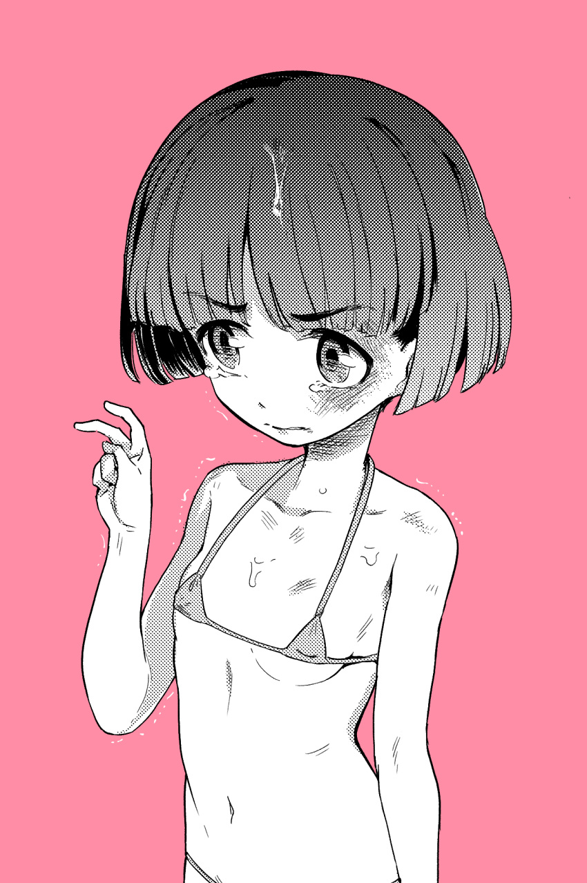 1girl aomushi_(mushamusha) bikini black_eyes black_hair blunt_bangs blunt_ends bob_cut cum cum_on_body flat_chest girls_und_panzer hand_up highres looking_to_the_side micro_bikini monochrome pink_background shaking simple_background skinny sono_midoriko standing sweat swimsuit tearing_up v