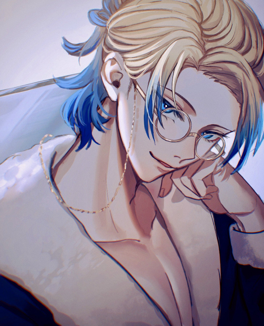 1boy blonde_hair blue_eyes blue_hair blue_lock commentary_request fingernails glasses gradient_hair hand_up highres kyul_gnsn long_sleeves looking_at_viewer male_focus michael_kaiser multicolored_hair parted_lips solo two-tone_hair upper_body