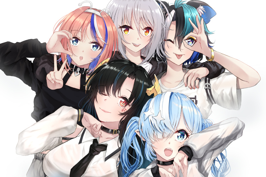 5girls :d ;p absurdres animal_ear_fluff animal_ears arm_around_neck arm_around_shoulder black_choker black_hair black_jacket black_necktie black_shirt blue_eyes blue_hair breasts choker closed_mouth collared_shirt commentary_request copyright_request grey_hair grey_skirt hair_between_eyes hair_over_one_eye hand_on_another's_shoulder highres hood hood_down hooded_jacket horns jacket large_breasts long_sleeves multicolored_hair multiple_girls nakatokung necktie ok_sign ok_sign_over_eye one_eye_closed orange_hair puffy_long_sleeves puffy_sleeves red_eyes shirt short_sleeves simple_background skirt smile streaked_hair tongue tongue_out virtual_youtuber white_background white_hair white_shirt