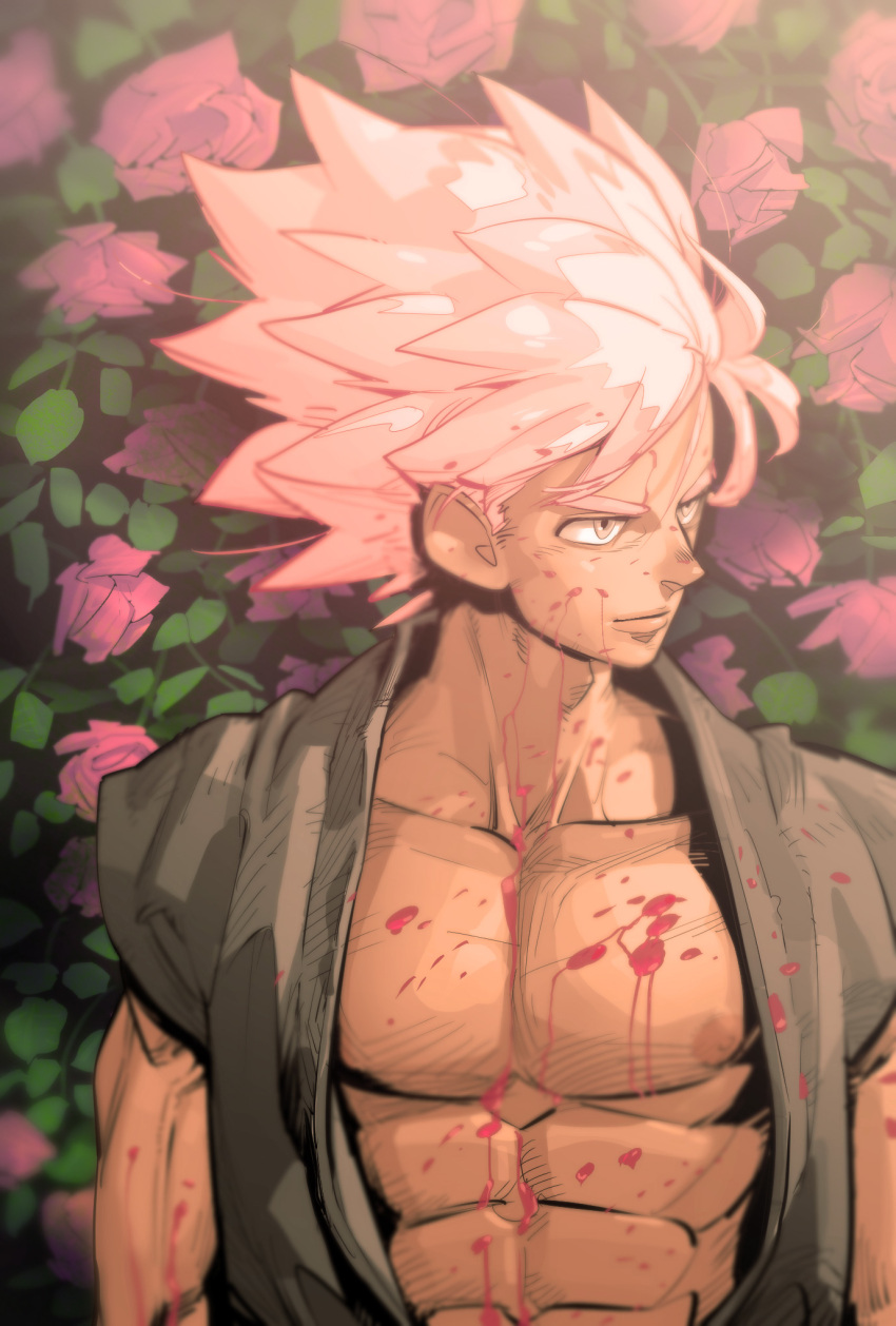 1boy bara bare_pectorals blood blood_on_chest blood_on_face dark-skinned_male dark_skin dougi dragon_ball dragon_ball_z floral_background flower goku_black highres large_pectorals looking_to_the_side male_focus muscular muscular_male nipples open_clothes open_shirt pectorals pink_flower pink_hair short_hair sideburns solo super_saiyan super_saiyan_rose supobi thick_eyebrows wind