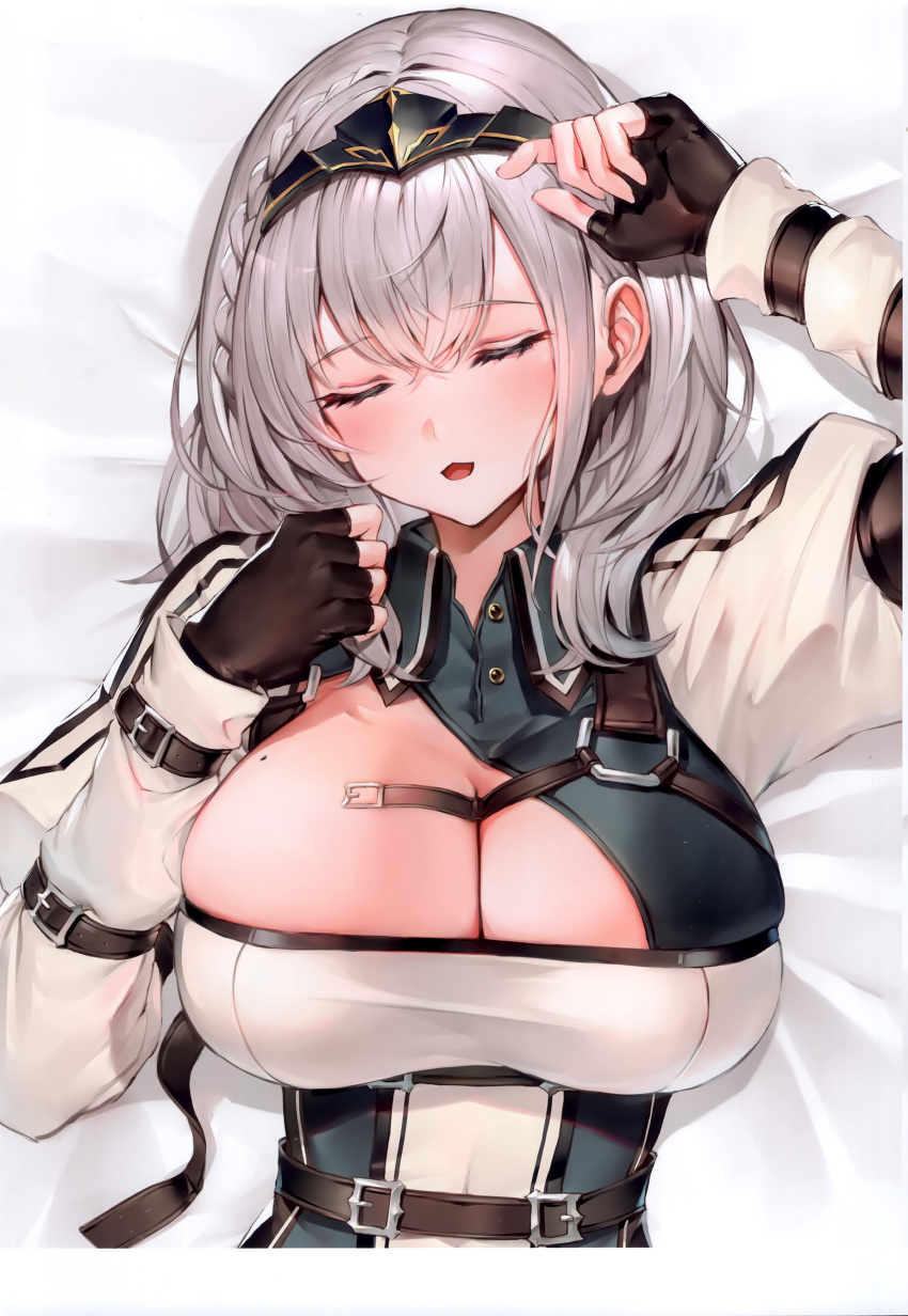 1girl absurdres bed_sheet blush braid breasts cleavage closed_eyes fingerless_gloves gloves grey_hair highres hololive large_breasts long_sleeves looking_at_viewer lying mole mole_on_breast on_back open_mouth puffy_sleeves scan shirogane_noel short_hair simple_background tiara upper_body virtual_youtuber watao