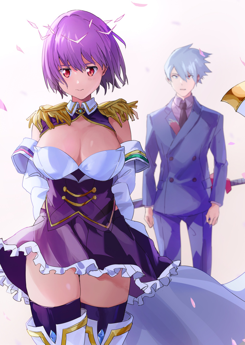 1boy 1girl absurdres anti_(ssss.gridman) arms_behind_back blue_eyes boots breasts formal gloves grey_hair gridman_universe gridman_universe_(film) heterochromia highres jacket large_breasts light_purple_hair necktie red_eyes sakamoto_(ojiojiojisanda) salute shinjou_akane shirt short_hair skirt suit sword thigh_boots thighhighs thighhighs_under_boots vulcan_salute weapon white_footwear white_gloves zettai_ryouiki