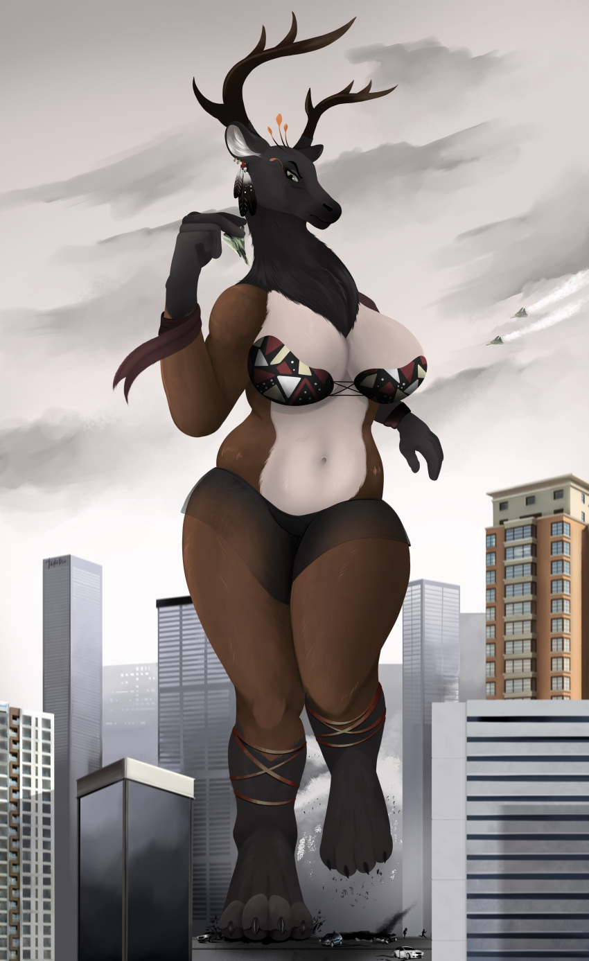 2022 4_toes 5_fingers absurd_res aircraft airplane alien angry angry_expression annoyed annoyed_expression anthro antlers artist_name big_breasts big_butt black_body black_claws black_fur black_nose bottomwear bra breasts brown_body brown_fur building butt car cervine city city_background cityscape claws clothing cloud cloudy colored crush deer destruction detailed_background digital_drawing_(artwork) digital_media_(artwork) ear_piercing ear_ring elves'ta_(taylornoir) extreme_size_difference feathers feet female fingers foot_crush full-length_portrait fur green_eyes hi_res holding_object horn human jet larger_anthro larger_female macro mammal micro military navel pawpads paws piercing portrait ring_piercing shaded signature size_difference skirt sky skyscraper smaller_human solo stomping taylornoir thick_thighs toes translucent translucent_clothing underwear vehicle walking white_body white_fur