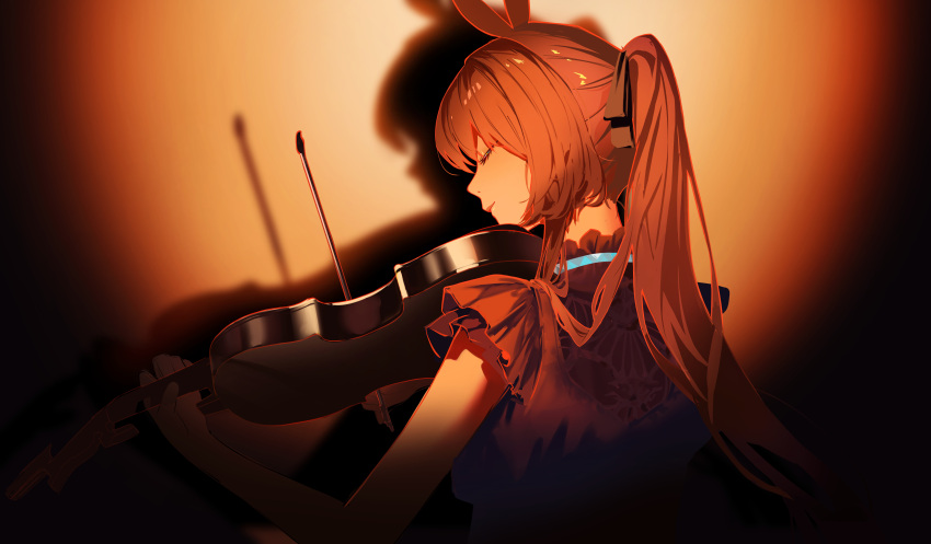 1girl absurdres amiya_(arknights) animal_ears arknights black_ribbon black_shirt blouse brown_hair closed_eyes closed_mouth commentary dark english_commentary facing_to_the_side frilled_shirt_collar frilled_sleeves frills from_behind hair_ribbon highres holding holding_bow_(music) holding_instrument instrument jun_(inrshun) light_smile long_hair music nape no_jacket outline playing_instrument ponytail profile rabbit_ears red_outline ribbon shadow shirt short_sleeves sidelocks solo spotlight upper_body violin