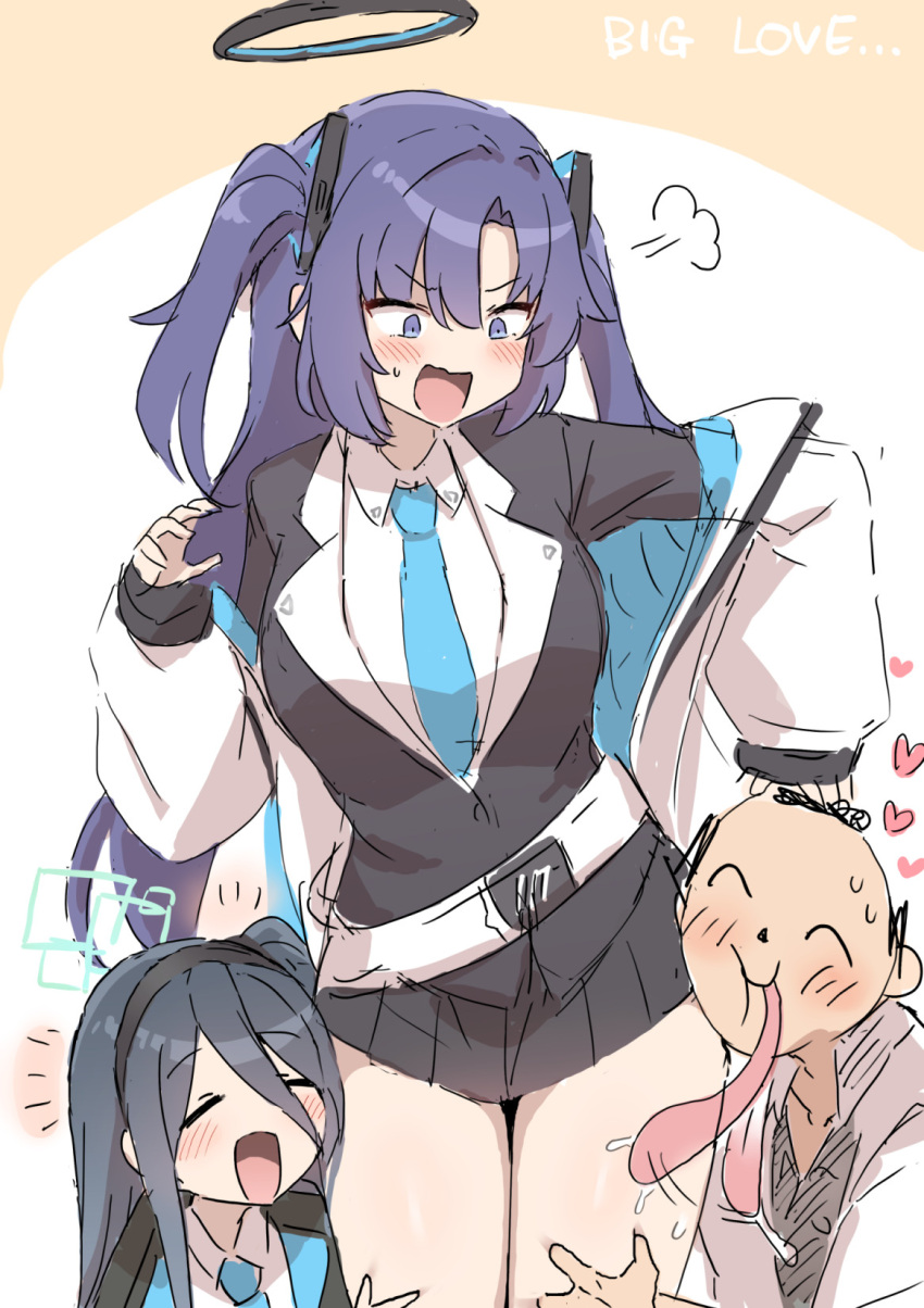 1boy 2girls =3 aris_(blue_archive) arona's_sensei_doodle_(blue_archive) black_hairband black_shirt black_skirt blue_archive blue_necktie blush closed_eyes collared_shirt d_jirooo english_text hairband halo heart highres jacket licking licking_thigh long_hair long_sleeves multiple_girls necktie open_mouth purple_eyes purple_hair sensei_(blue_archive) shirt skirt thighs two_side_up white_jacket white_shirt yuuka_(blue_archive)
