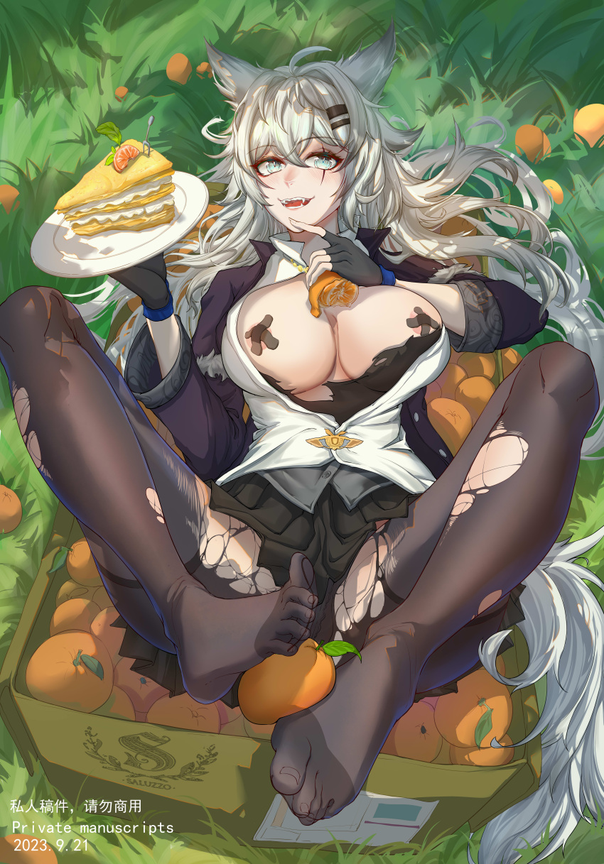 1girl absurdres ahoge animal_ears areola_slip arknights black_coat black_gloves black_pasties black_shirt black_skirt blue_eyes breasts breasts_out cake cake_slice coat crate cross_pasties fangs fingerless_gloves food fruit gloves grass hair_between_eyes hair_ornament hairclip highres holding holding_plate lappland_(arknights) lappland_(refined_horrormare)_(arknights) large_breasts long_sleeves looking_at_viewer lying official_alternate_costume on_back open_clothes open_coat open_mouth orange_(fruit) outdoors pantyhose pasties plate qiyedefeishazhanji shirt skirt solo spread_legs tail torn_clothes torn_pantyhose torn_shirt white_hair wolf_ears wolf_girl wolf_tail