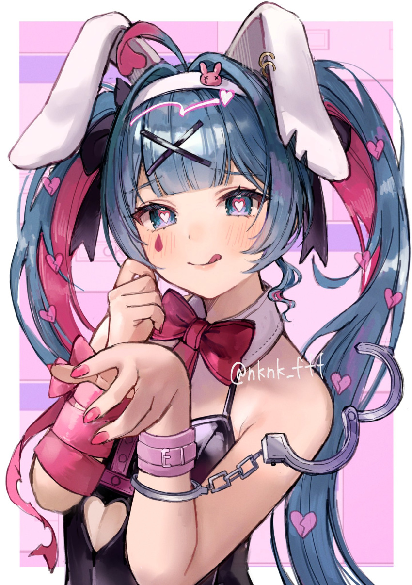 1girl animal_ears blue_eyes blue_hair border colored_inner_hair cuffs fake_animal_ears hair_ornament hairclip handcuffs hatsune_miku headband heart heart-shaped_pupils highres looking_at_viewer multicolored_background multicolored_hair pink_background pink_hair pink_nails playboy_bunny purple_background rabbit_ears smile solo symbol-shaped_pupils tananuki teardrop_facial_mark tongue tongue_out twitter_username vocaloid white_border white_headband