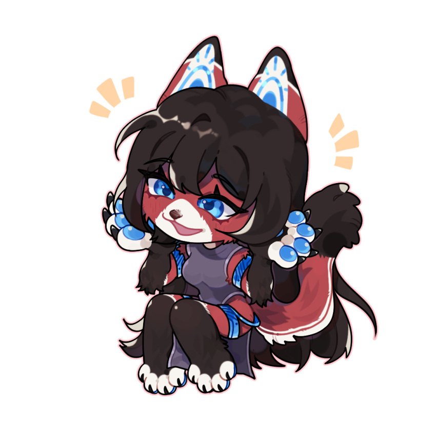 1:1 abmyovercute anthro ara_(fluff-kevlar) black_hair blue_eyes blue_pawpads chibi female fur hair happy kemono pawpads red_body red_fur simple_background smile solo solo_focus