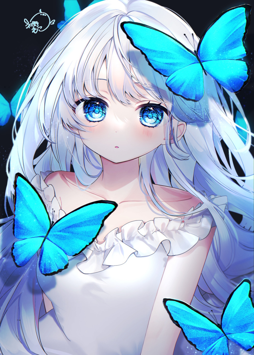 1girl black_background blue_butterfly blue_eyes blush bug butterfly collarbone dress frills highres long_hair looking_at_viewer open_mouth original signature single_bare_shoulder sleeveless sleeveless_dress very_long_hair wako_morino white_dress white_hair