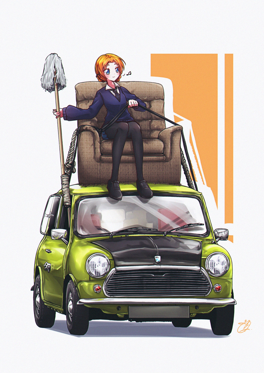 1girl absurdres armchair beamed_eighth_notes black_footwear black_necktie black_pantyhose blue_eyes blue_skirt blue_sweater braid car chair closed_mouth collared_shirt girls_und_panzer grey_background highres long_sleeves mini_cooper mizzterbii mop motor_vehicle mr_bean musical_note necktie on_chair on_vehicle orange_hair orange_pekoe_(girls_und_panzer) pantyhose parody parted_bangs rope school_uniform shirt short_hair signature simple_background sitting skirt smile solo st._gloriana's_school_uniform sweater twin_braids v-neck