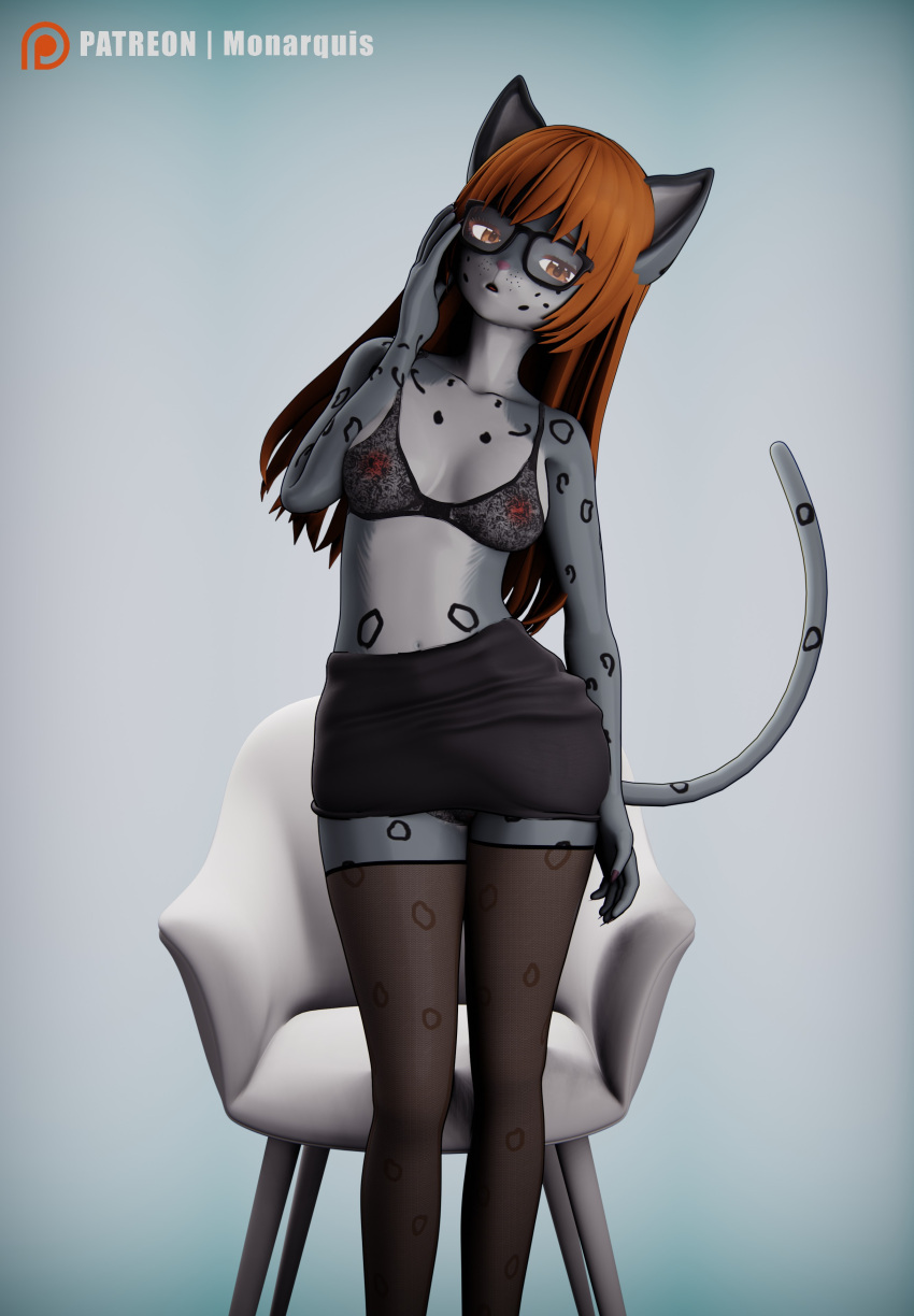 3d_(artwork) absurd_res anthro brassiere breasts business_suit chair clothing company digital_media_(artwork) eyewear felid female furniture glasses hair hi_res legwear mammal momo_(disambiguation) monarquis nipples office_lady pantherine panties pinup pose red_hair secretary_outfit simple_background snow_leopard solo stockings suit underwear