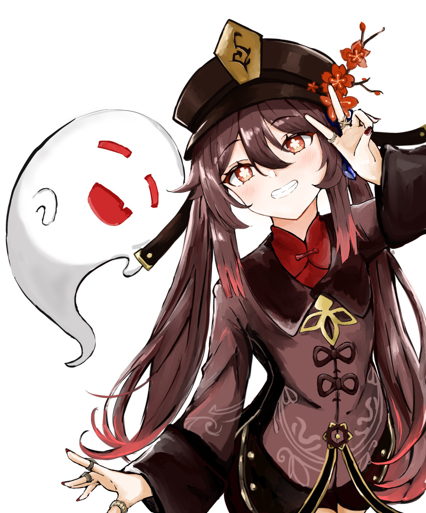 1girl :d absurdres black_nails black_shorts boo_tao_(genshin_impact) brown_hair chinese_clothes commentary_request genshin_impact ghost gradient_hair grin hair_between_eyes hat highres hu_tao_(genshin_impact) jewelry karen_(drziegler_a) long_hair long_sleeves looking_at_viewer multicolored_hair nail_polish porkpie_hat red_eyes ring short_shorts shorts sidelocks simple_background smile symbol-shaped_pupils twintails v white_background wide_sleeves