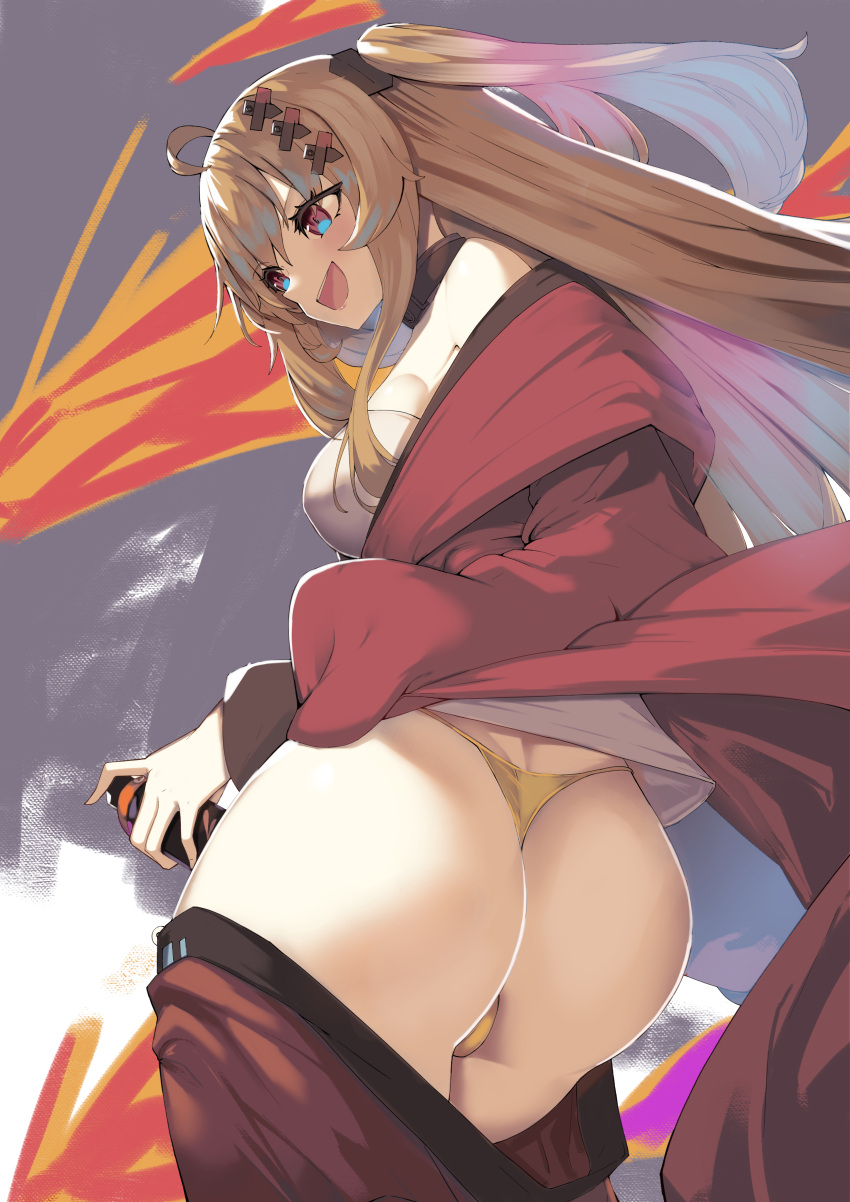 1girl absurdres ahoge ass black_choker blonde_hair blue_eyes breasts choker clothes_pull commission cowboy_shot girls'_frontline hair_ornament hairclip highres holding jacket jacket_pull karakushi long_hair multicolored_background multicolored_eyes open_mouth pants pants_pull pixiv_commission red_eyes red_jacket red_pants shirt side_ponytail smile solo spray_can thong tkb-408_(girls'_frontline) white_shirt