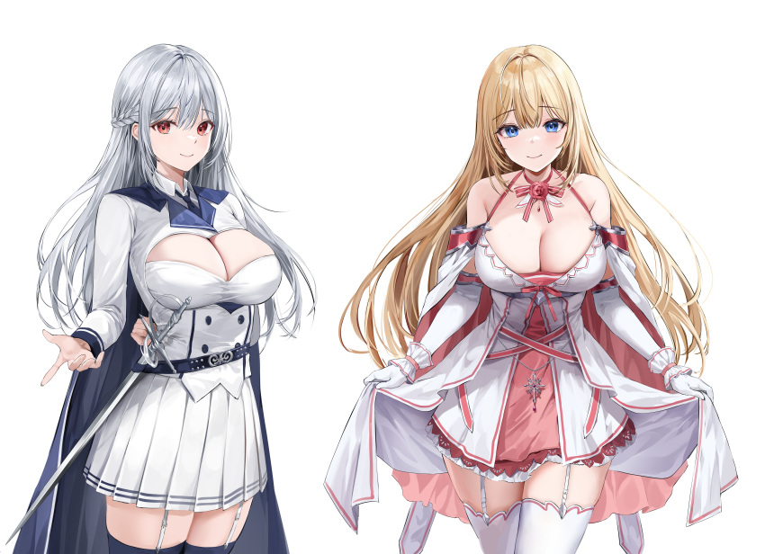 2girls absurdres bare_shoulders belt black_thighhighs blonde_hair blue_eyes braid breasts cape choker cleavage cleavage_cutout closed_mouth clothing_cutout collared_shirt commission dress elbow_gloves flower framed_breasts frills garter_straps gloves halterneck highres large_breasts lillly long_hair long_sleeves looking_at_viewer miniskirt multiple_girls off_shoulder original pink_choker pleated_skirt rapier red_eyes rose second-party_source shirt short_dress simple_background skirt sleeveless sleeveless_dress smile spaghetti_strap sword thighhighs very_long_hair weapon white_background white_dress white_gloves white_hair white_shirt white_skirt white_thighhighs zettai_ryouiki