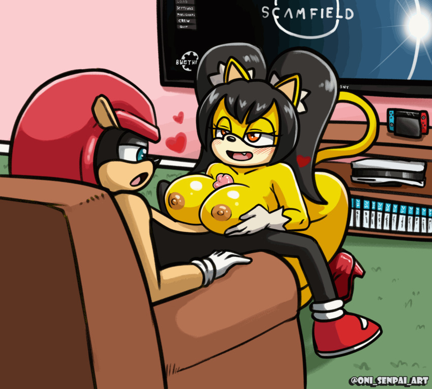 animated anthro armadillo big_breasts black_hair blush breast_play breasts clothing domestic_cat duo erection felid feline felis female fur furniture gaming genitals gloves hair handwear hi_res honey_the_cat huge_breasts livingroom male male/female mammal mighty_the_armadillo nintendo nintendo_switch nipples nude oni_senpai_art penis playing_videogame playstation_5 sega sex smile sofa sonic_the_fighters sonic_the_hedgehog_(series) starfield starfield_(game) thick_thighs titfuck xenarthran yellow_body yellow_fur