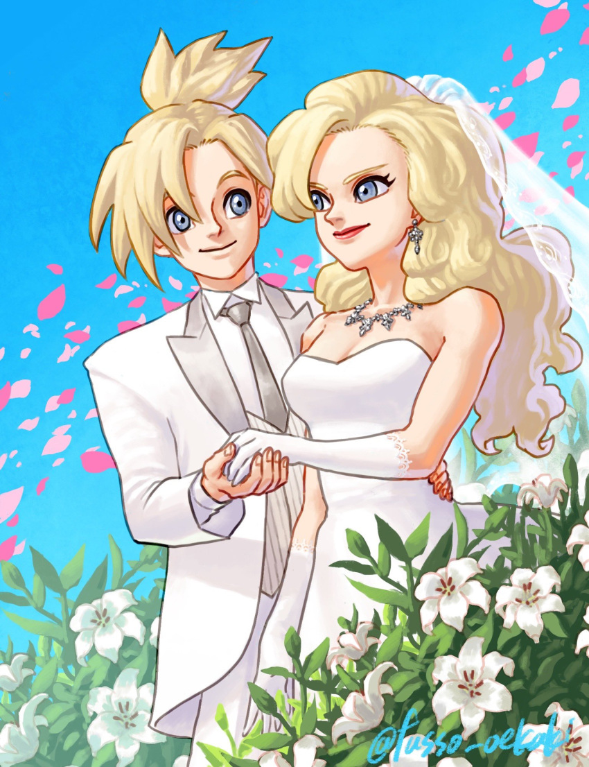 1boy 1girl ayla_(chrono_trigger) bare_shoulders blonde_hair blue_eyes breasts bridal_veil cherry_blossoms chrono_trigger cleavage closed_mouth collared_shirt couple cowboy_shot curly_hair dress earrings falling_petals flower fusso_oekaki gloves grey_necktie hair_between_eyes hand_on_another's_hip hetero high_ponytail highres holding_hands husband_and_wife jacket jewelry kino_(chrono_trigger) leaf lily_(flower) long_hair looking_at_another medium_breasts necklace necktie outdoors pants parted_bangs petals pinstripe_pattern pinstripe_vest shirt short_ponytail smile striped tuxedo twitter_username veil vest waistcoat wedding wedding_dress white_dress white_flower white_gloves white_jacket white_pants white_shirt