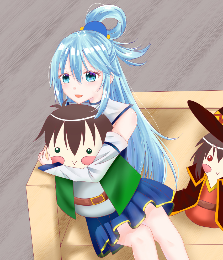 1girl absurdres aqua_(konosuba) asuna_(purpur820112) blue_dress blue_eyes blue_hair blue_skirt blush bow cape couch detached_sleeves dress green_bow green_cape green_eyes hair_ornament hat highres hug kono_subarashii_sekai_ni_shukufuku_wo! long_hair long_sleeves megumin object_hug on_couch open_mouth red_cape red_eyes satou_kazuma skirt smile stuffed_toy thighhighs witch_hat