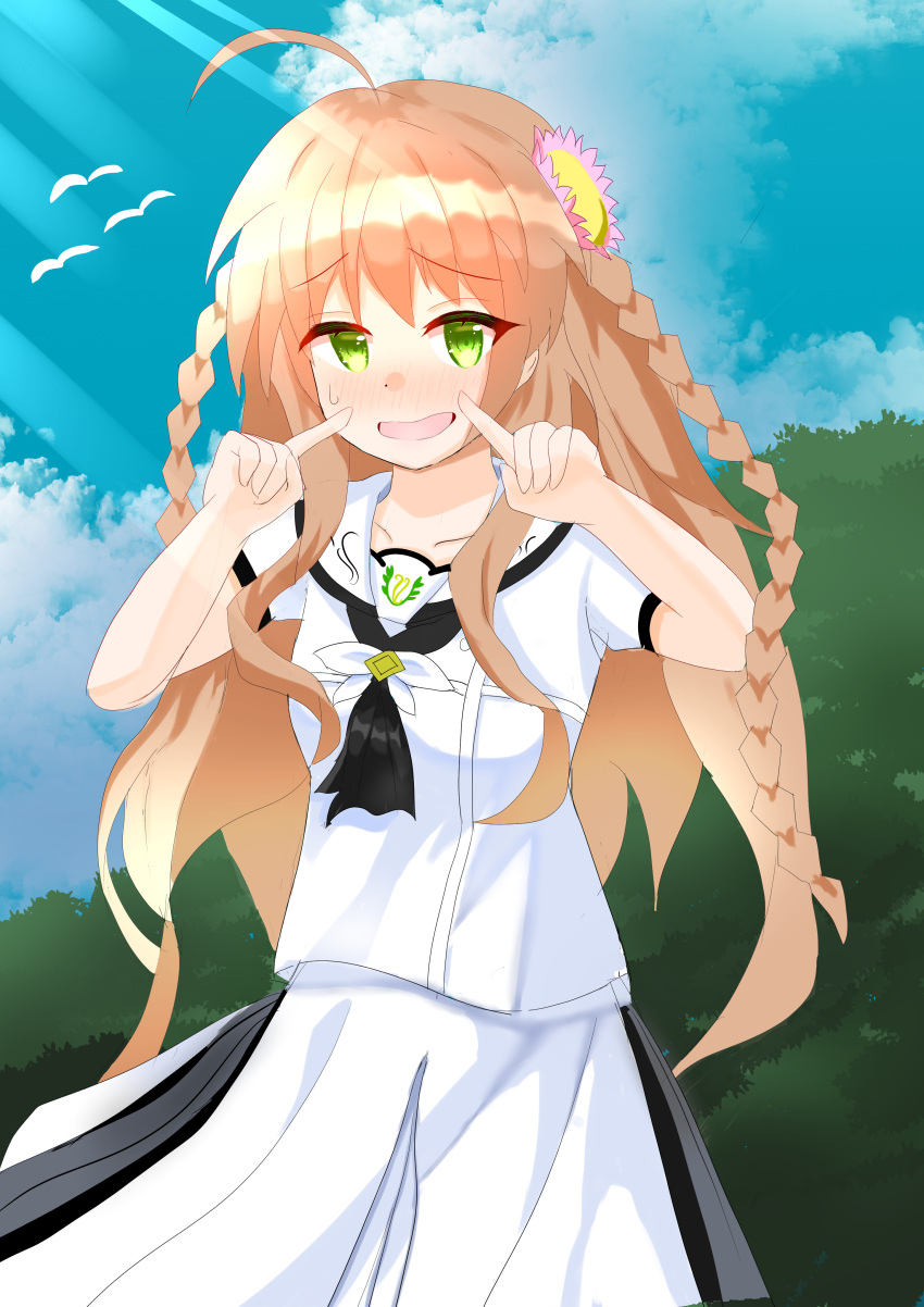 1girl absurdres ahoge alternate_costume ascot black_ascot blue_sky blush braid brown_hair cloud commentary_request company_connection day embarrassed eyelashes eyes_visible_through_hair finger_to_cheek flower green_eyes hair_between_eyes hair_flower hair_ornament hands_up highres index_fingers_raised kanbe_kotori key_(company) key_summer_2928 long_hair looking_at_viewer nervous_smile nose_blush open_mouth pink_flower puffy_short_sleeves puffy_sleeves rewrite sailor_collar school_uniform shirt short_sleeves sidelighting sidelocks skirt sky smile solo summer summer_pockets sunlight sweatdrop twin_braids very_long_hair wavy_hair white_sailor_collar white_shirt white_skirt