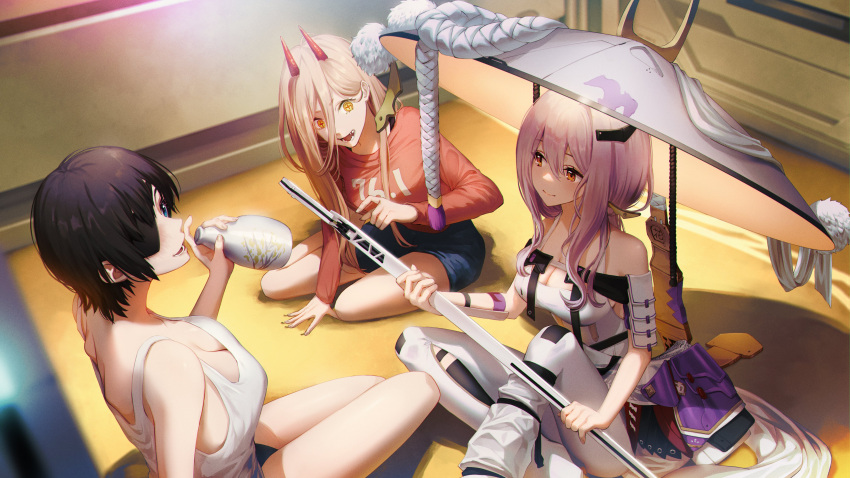 3girls absurdres armband armor breasts brown_eyes chainsaw_man champi cleavage goddess_of_victory:_nikke grey_hair hair_between_eyes hat hat_tassel highres himeno_(chainsaw_man) hip_vent jingasa leotard long_hair medium_breasts miniskirt multiple_girls parted_lips pleated_skirt power_(chainsaw_man) red_skirt scabbard scarlet_(nikke) sheath sideboob skirt smile sword thighhighs weapon white_leotard white_thighhighs wind wristband