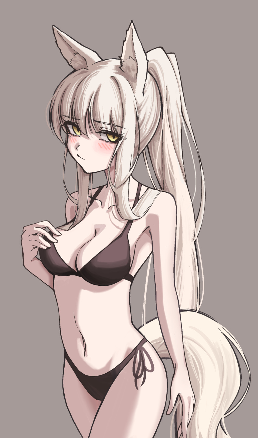 1girl absurdres animal_ear_fluff animal_ears arknights bikini black_bikini blush breasts brown_background closed_mouth cowboy_shot full_body hand_on_own_chest highres long_hair looking_at_viewer medium_breasts midriff navel petra_(jgc845601) platinum_(arknights) ponytail simple_background solo swimsuit white_hair white_tail yellow_eyes