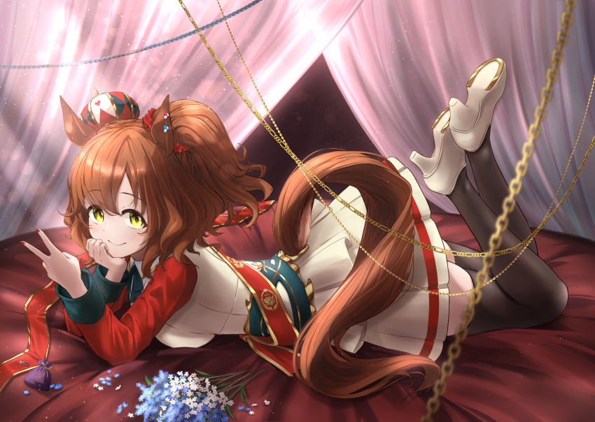 1girl absurdres aston_machan_(umamusume) bed_sheet black_thighhighs breasts brown_hair closed_mouth commentary_request crown green_eyes head_rest high_heels highres horse_girl horseshoe jacket kokage_yugure large_breasts looking_at_viewer lying medium_hair on_bed on_stomach pleated_skirt red_hair skirt smile solo tail tail_through_clothes the_pose thighhighs tilted_headwear umamusume v white_footwear white_jacket white_skirt zettai_ryouiki