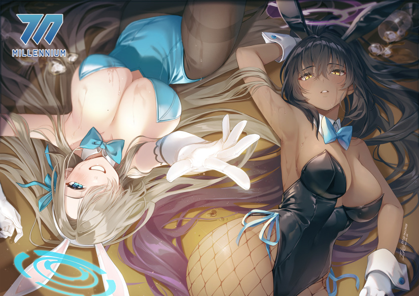 2girls animal_ears armpits asuna_(blue_archive) asuna_(bunny)_(blue_archive) black_hair black_leotard blonde_hair blue_archive blue_bow blue_bowtie blue_eyes blue_leotard bow bowtie breasts brown_pantyhose cleavage cup detached_collar fake_animal_ears fishnet_pantyhose fishnets gloves grin highres ice ice_cube ika_(4801055) karin_(blue_archive) karin_(bunny)_(blue_archive) large_breasts leotard logo looking_at_viewer lying mole mole_on_breast multiple_girls on_back outstretched_arm pantyhose parted_lips rabbit_ears smile spill sweat white_gloves wrist_cuffs yellow_eyes