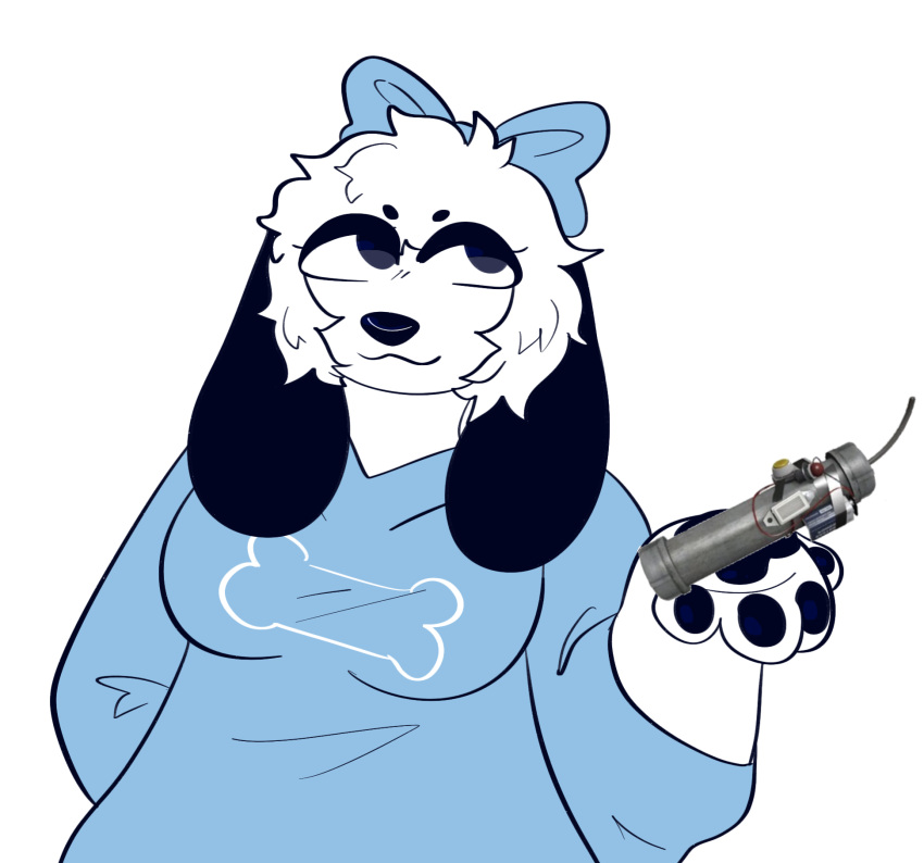 alpha_channel anonymous_artist anthro black_ears black_pawpads blue_clothing breasts canid canine canis clothing domestic_dog female fur hair hi_res holding_pipe_bomb long_ears mammal pawpads pipe_bomb solo topwear white_body white_clothing white_fur white_hair