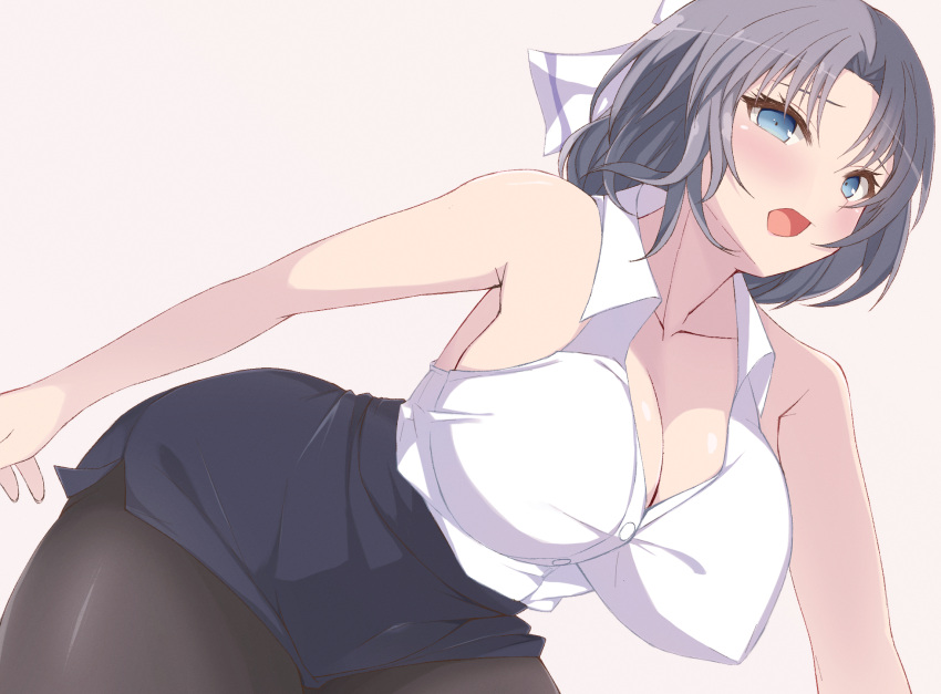 1girl bare_shoulders bent_over black_skirt blue_eyes blush breasts chimunge cleavage collared_shirt facing_viewer from_side grey_hair hair_ribbon highres looking_at_viewer medium_hair miniskirt no_bra pantyhose ribbon senran_kagura senran_kagura_estival_versus senran_kagura_shinovi_versus shirt simple_background skirt sleeveless sleeveless_shirt solo surprised white_ribbon white_shirt yumi_(senran_kagura)