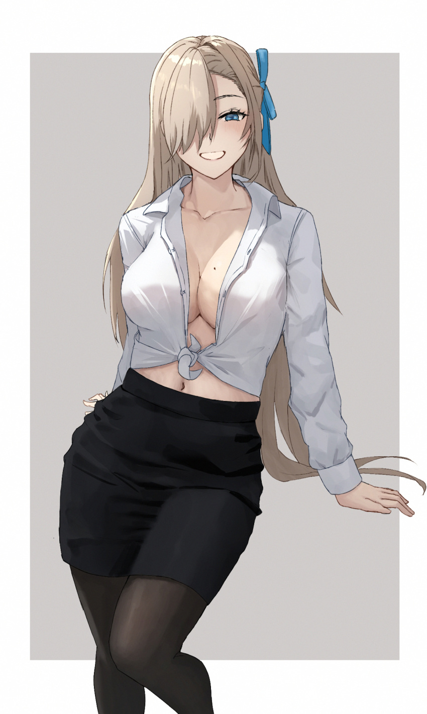 1girl alternate_costume asuna_(blue_archive) black_skirt blonde_hair blue_archive blue_eyes blue_ribbon border breasts clisapex collarbone cowboy_shot grin hair_over_one_eye hair_ribbon highres large_breasts long_hair looking_at_viewer mole mole_on_breast navel office_lady pantyhose pencil_skirt revision ribbon shirt skirt smile solo tied_shirt very_long_hair white_border white_shirt