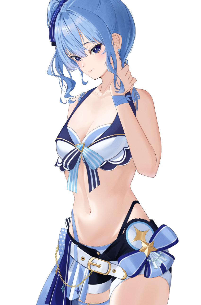 1girl absurdres belt bikini bikini_shorts blue_eyes blue_hair breasts cowboy_shot eipanguino gold_trim highres hololive hololive_summer_2023_swimsuit hoshimachi_suisei navel shorts side_ponytail simple_background small_breasts smile solo star_(symbol) star_in_eye stomach swimsuit symbol_in_eye white_background white_belt