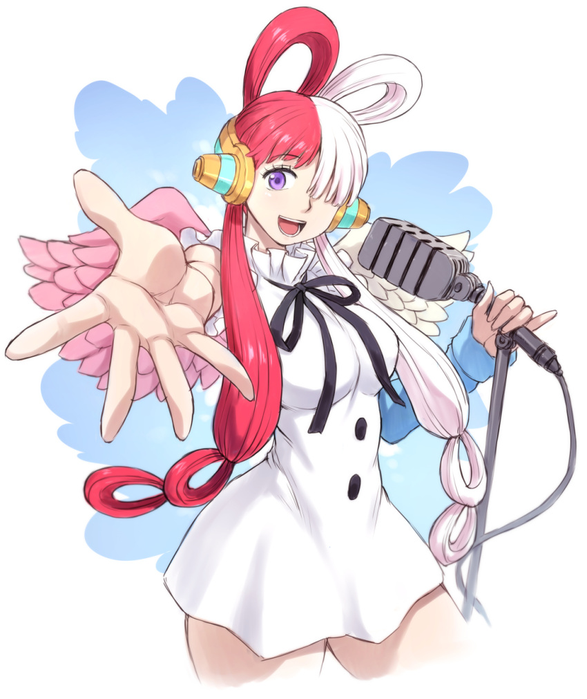 1girl 2023 black_ribbon breasts dress foreshortening headphones highres large_breasts long_hair looking_at_viewer microphone mogudan multicolored_hair one_piece outstretched_hand purple_eyes red_hair ribbon simple_background smile solo two-tone_hair uta_(one_piece) white_dress white_hair wings