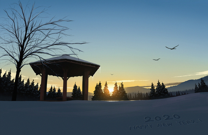 2020 bare_tree bird blue_sky building cloud commentary_request forest gensuke_(ryun) happy_new_year highres landscape mountainous_horizon nature no_humans original outdoors scenery sky snow sunrise tree winter