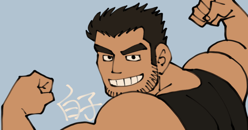 1boy bara beard_stubble black_hair black_tank_top dark-skinned_male dark_skin double_biceps_pose flat_color flexing grin huge_eyebrows looking_at_viewer lucas_lee male_focus muscular muscular_male paid_reward_available scott_pilgrim_takes_off shirako_(kirupi) short_hair smile solo tank_top upper_body