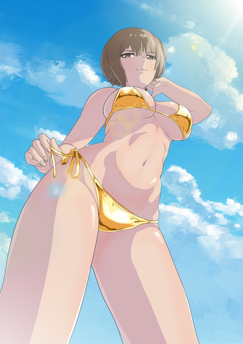 1girl absurdres bikini blue_sky breasts brown_eyes brown_hair closed_mouth cloud cloudy_sky commentary cowboy_shot day english_commentary girls_und_panzer gold_bikini half-closed_eyes hand_in_own_hair highres huaronanago lens_flare looking_at_viewer medium_breasts mixed-language_commentary navel nishizumi_maho outdoors short_hair side-tie_bikini_bottom sky smile solo standing string_bikini sunlight swimsuit untying