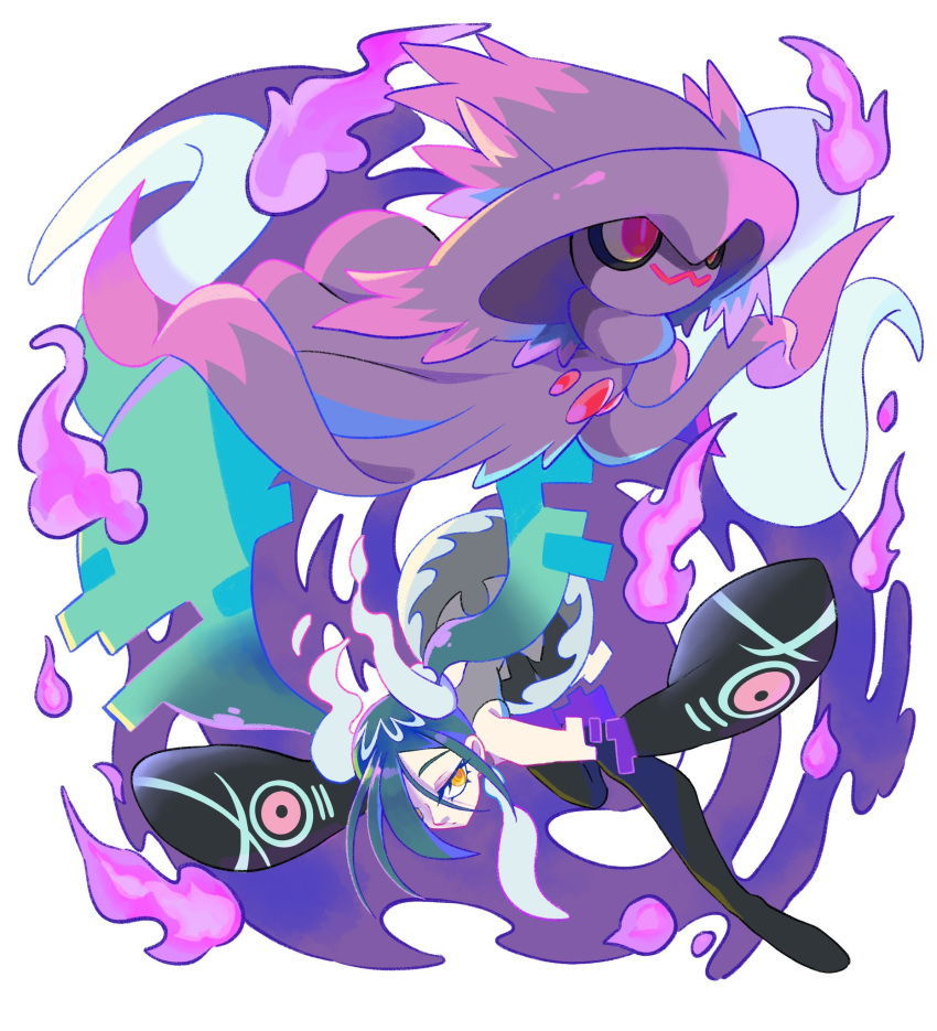 aqua_hair black_thighhighs detached_sleeves floating ghost ghost_miku_(project_voltage) glitch gradient_hair grey_shirt hair_over_one_eye hatsune_miku highres long_hair mismagius multicolored_hair necktie pokemon pokemon_(creature) project_voltage red_eyes shirt skirt sleeves_past_fingers sleeves_past_wrists thighhighs twintails very_long_hair vocaloid will-o'-the-wisp_(mythology) yamifuti yellow_eyes