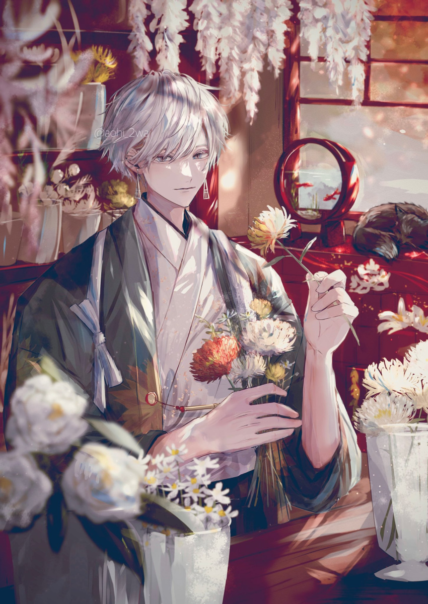 1boy aohi_2wa bishounen blurry chrysanthemum cowboy_shot daisy earrings flower hand_up highres holding holding_flower japanese_clothes jewelry koi light_rays long_sleeves looking_at_viewer male_focus original short_hair solo white_flower white_hair wisteria