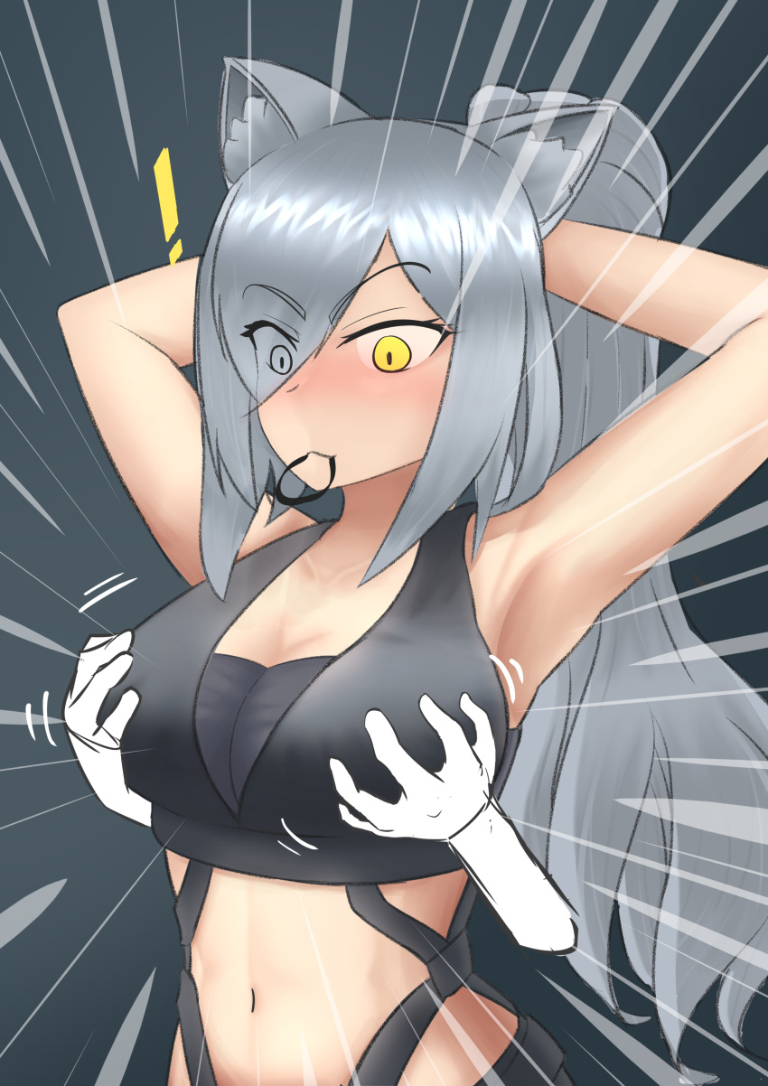 ! 1girl absurdres afute/aft animal_ears arknights armpits arms_behind_head arms_up bare_arms bare_shoulders black_background breasts cat_ears cleavage commentary crop_top disembodied_limb emphasis_lines grabbing grabbing_another's_breast grey_hair hair_over_one_eye hair_tie_in_mouth highres large_breasts long_hair midriff mouth_hold navel ponytail schwarz_(arknights) sleeveless stomach upper_body very_long_hair yellow_eyes